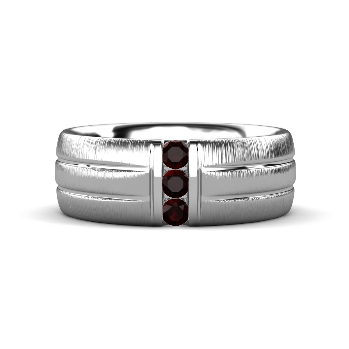 LeBron Round Red Garnet with Brushed and Polished Finish Three Stone Men's Wedding Band (8 mm) 